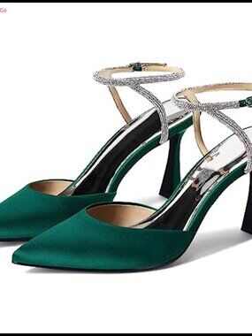 Rhinestone Kitten Heel Satin Pumps Pointed Toe Slingback Wedding Shoes